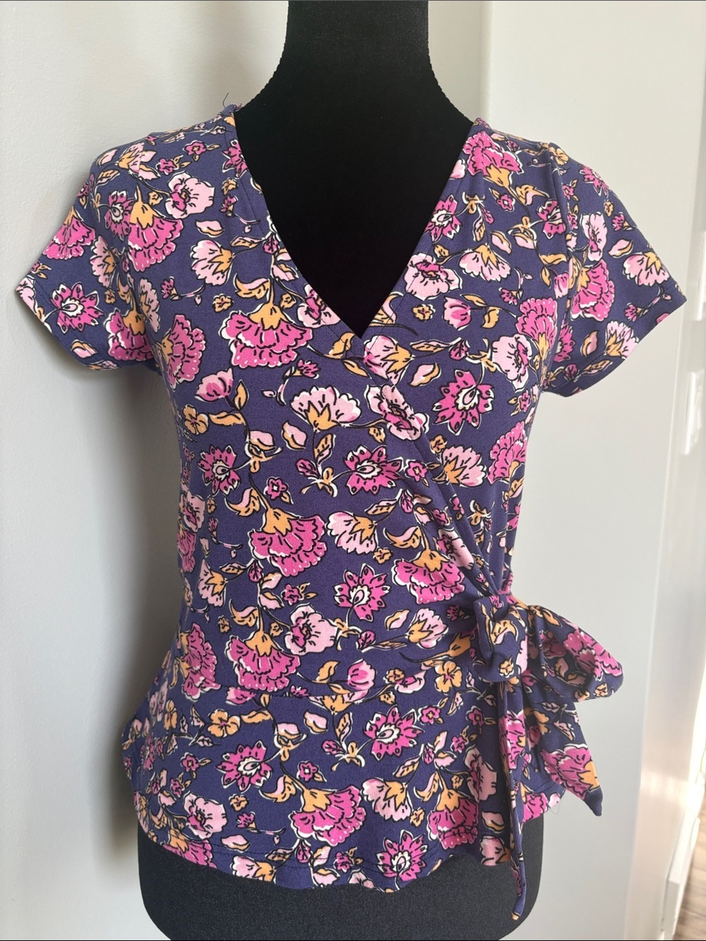 NWOT Rebel Sugar Navy Floral Wrap Top with Pink & Yellow Accents - Picture 1 of 4